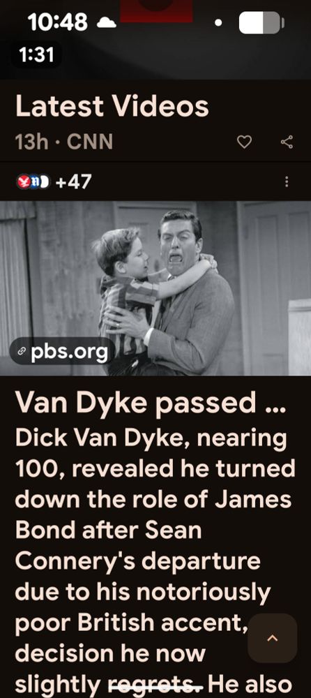 A picture of a young Dick Van Dyke from the Dick Van Dyke show with the words

Van Dyke passed...

Then AI slop talking about how he passed on the role of James Bond

Supposedly skimmed from a PBS.org article 