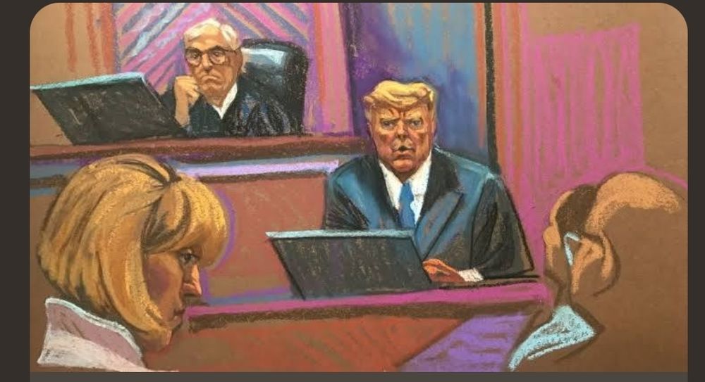 A court etching of Trump in a witness box making a face with some kind of emotion, or he might be whistling.