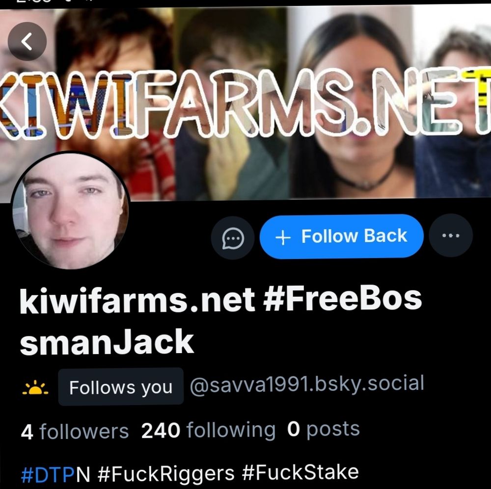 A screenshot of a kiwifarms account. Profile picture is some white guy. The account is  at savva1991.
There's some hashtags that I am not comfortable saying. Not that they are explicitly racist or offensive, but they just feel like some poor attempt to avoid moderation.