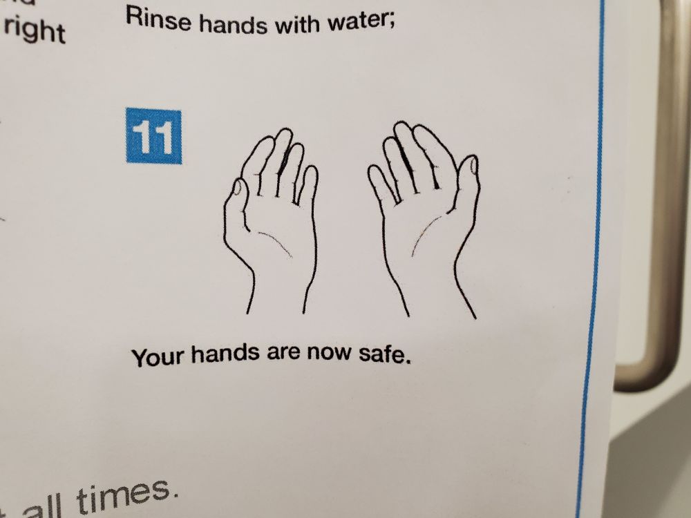 An illustration of two upturned hands with the caption "Your hands are now safe" underneath.