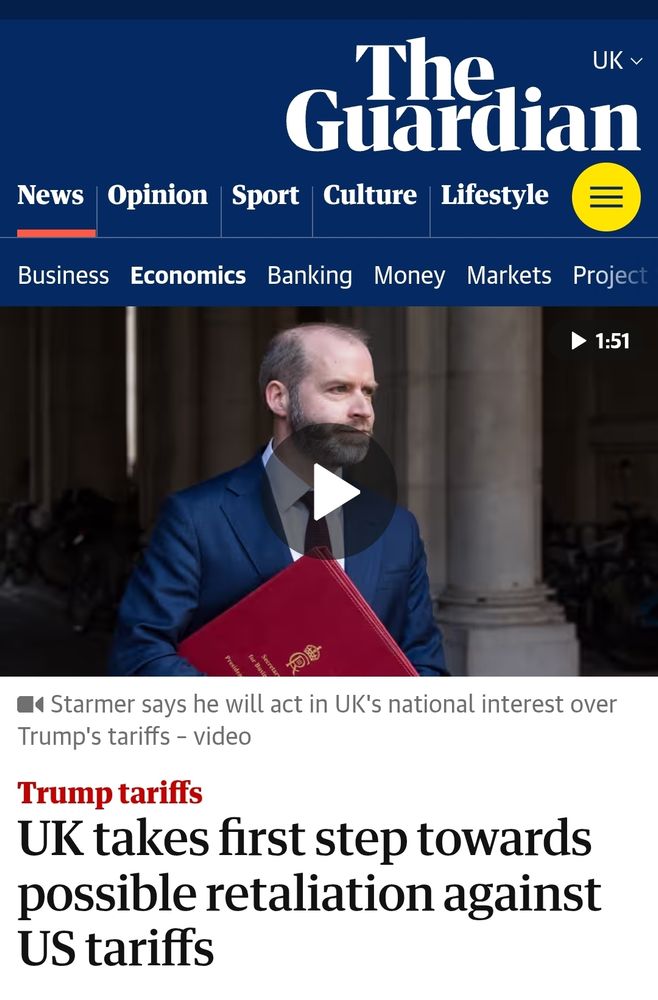 The top of a Guardian news story "UK takes first step towards possible retaliation against US tariffs"