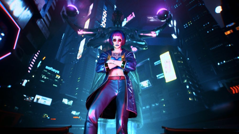 A cyberpunk chick in a trenchcoat with crossed arms looking down at the camera with a nighttime city skyline and titanic four-armed statue behind her
