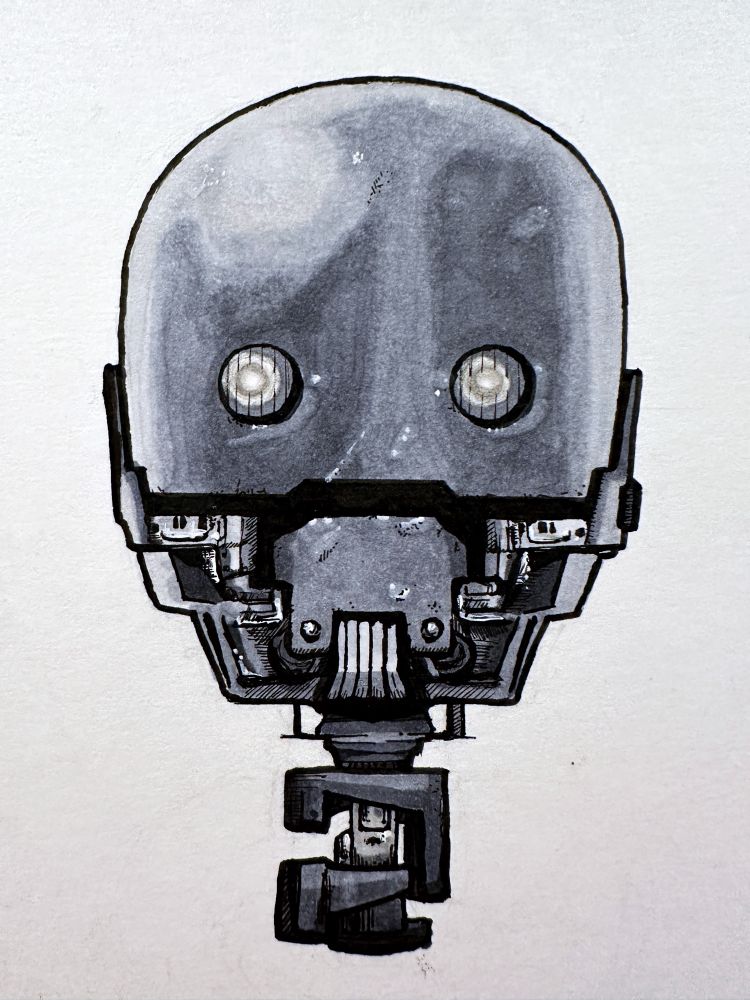 An ink and marker drawing of K-2SO’s head