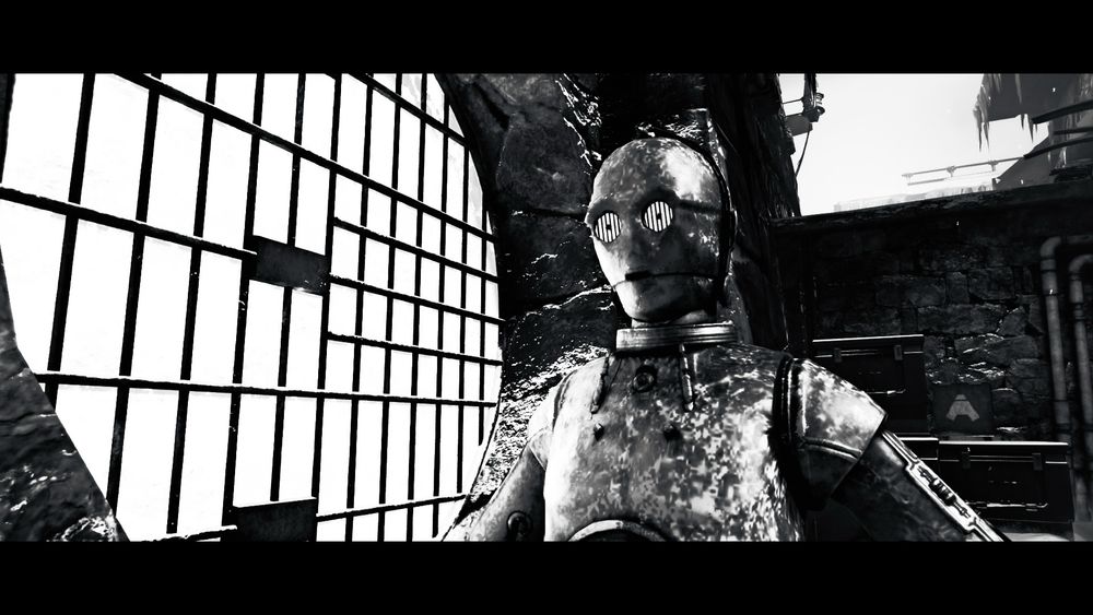 A high-contract black and white photo of a protocol droid standing in snow beside a round window with gridded bars over it
