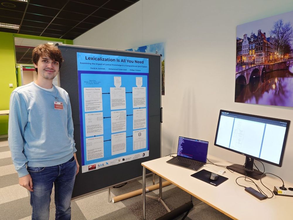 David M. Schmidt presenting a poster and a demo on "Lexicalization Is All You Need: Examining the Impact of Lexical Knowledge in a Compositional QALD System" at the 24th International Conference on Knowledge Engineering and Knowledge Management in Amsterdam.