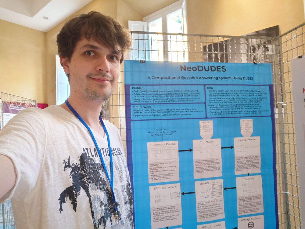 David M. Schmidt presenting his poster on NeoDUDES, a compositional Question Answering system using DUDES