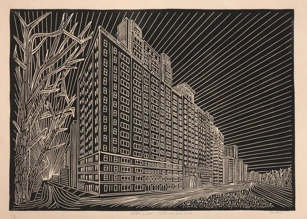3200 block of Lake Shore Drive as the sun sets on winter time. Linocut print from 2018