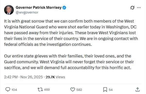 West Virginia's piece of shit governor announcing that two of the guardsmen he inexplicably sent to DC were shot and killed.