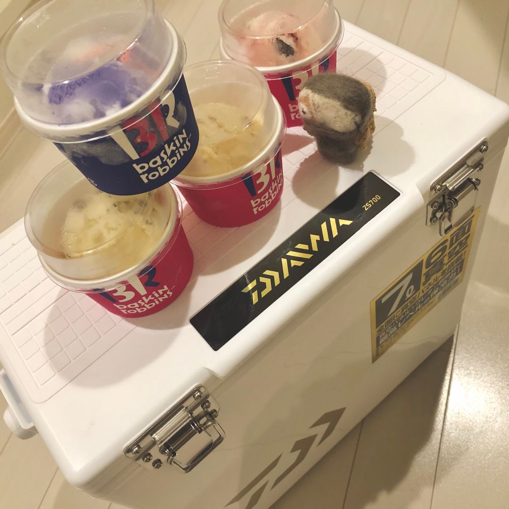 クーラーボックスの上にアイスのカップが4つと、その横に豆頭が並んでいる写真