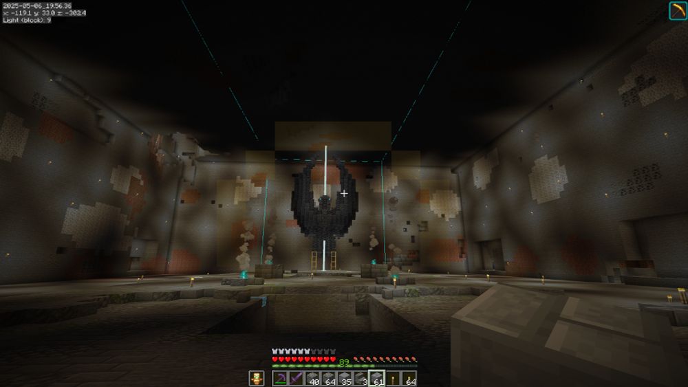 Cleared hole in minecraft with an eagle statue made with deepslate