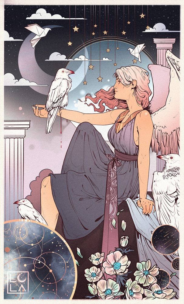 a stylized illustration of a winged woman with rose hair sitting in profile view with an outstretched arm. There are white crows sitting around her and one on her arm, digging it's talons into her skin. There's a big moon in the background and stars hanging from threads. Paper birds fly in the sky