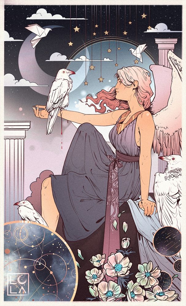 a stylized illustration of a winged woman with rose hair sitting in profile view with an outstretched arm. There are white crows sitting around her and one on her arm, digging it's talons into her skin. There's a big moon in the background and stars hanging from threads. Paper birds fly in the sky