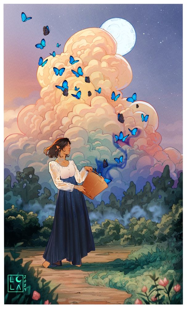 Stylized illustration of a woman standing on a path holding a bucket. There's a big cloud in the background and the full moon peeking up behind it. Blue butterflies are flying out of the bucket and the woman looks up at them as they fly off.
