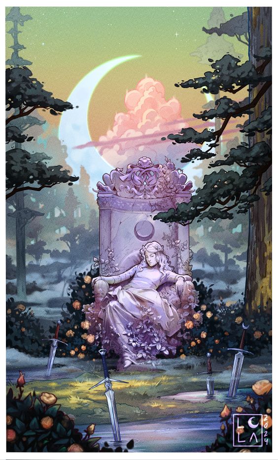 Stylized illustration of a statue of Sleeping Beauty. It is made of white marble and surrounded by yellow roses and tall trees. There's swords sticking out of the ground in front of the statue and a big half moon hangs in the sky behind it.