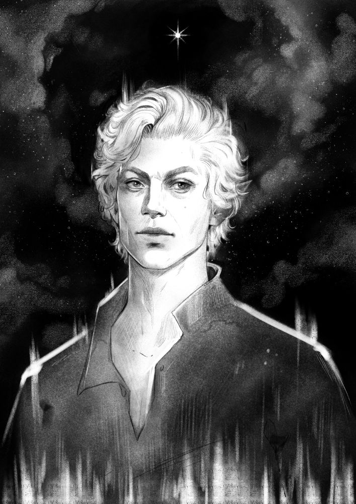 Black and white digital pencil portrait of Astarion, a white haired vampire. clouds and stars in the background and one bright star directly above Astarion's head.