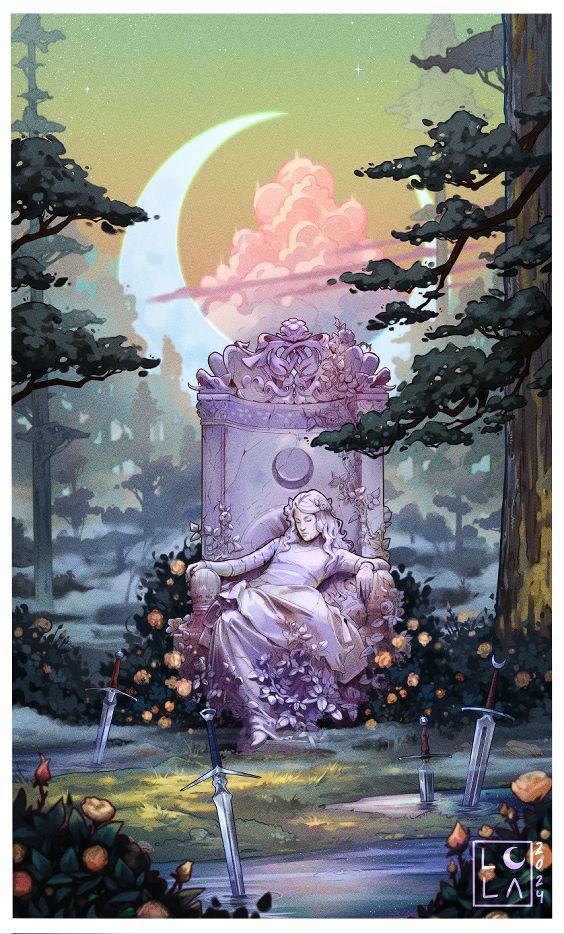 Stylized illustration of a statue of Sleeping Beauty. It is made of white marble and surrounded by yellow roses and tall trees. There's swords sticking out of the ground in front of the statue and a big half moon hangs in the sky behind it.