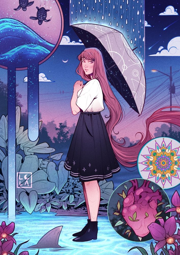 A stylized illustration of a bin haired girl standing on water and holding an umbrella. She's wearing a white shirt and black skirt and her hair flows down her back and out of frame. There's purple orchids in the foreground and a heart with sprouts growing from it. In the upper left corner there's a circle showing baby turtles going towards water. The background is the night sky, a dense forest and street lights.