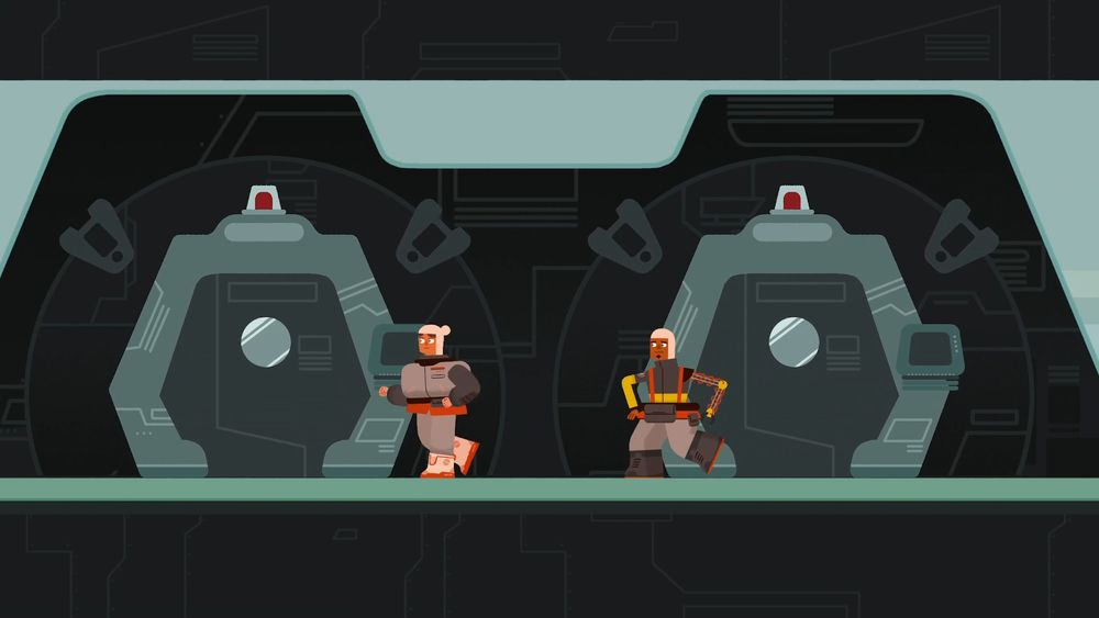 Two of Project Lexa's characters, Lex and Jansky, running across the ship's bridge, past the escape pods.