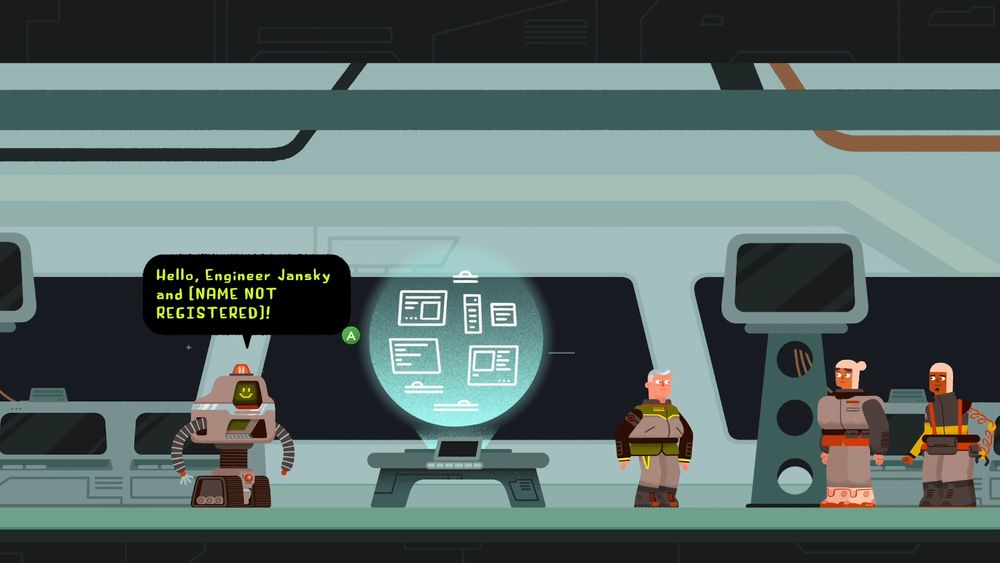 A scene from Project Lexa taking place on the ship's bridge. Several characters are standing around a table projecting a holographic sphere with documents in it. The robot character, MARC, is saying, "Hello, Engineer Jansky and [Name Not Registered]!"