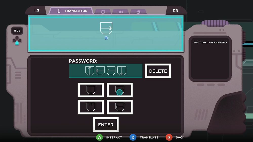 A screenshot of Project Lexa, showing the in-game translator tablet. The tablet is currently displaying a password entry screen with an array of four glyph buttons, an enter button, and a delete button.