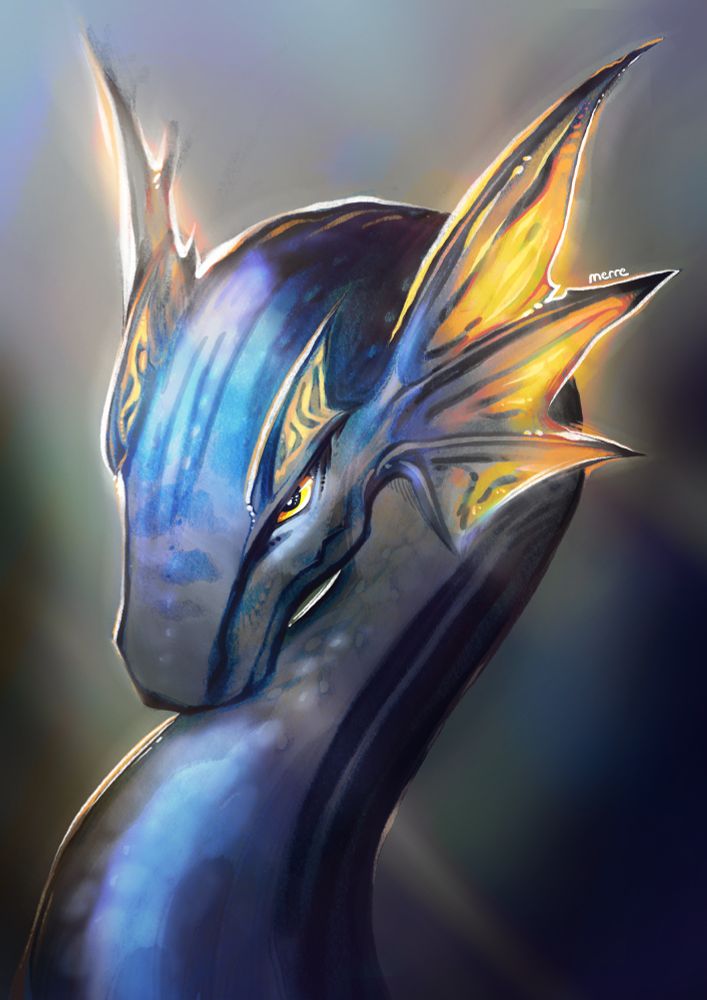Digital drawing that portrays a majestic, fantasy-style sea dragon or aquatic creature. The creature has a sleek, serpentine head and neck, with smooth, shiny blue and teal scales that give it a marine appearance. The sea dragon is underwater, with beams of light subtly highlighting the creature’s head and neck.