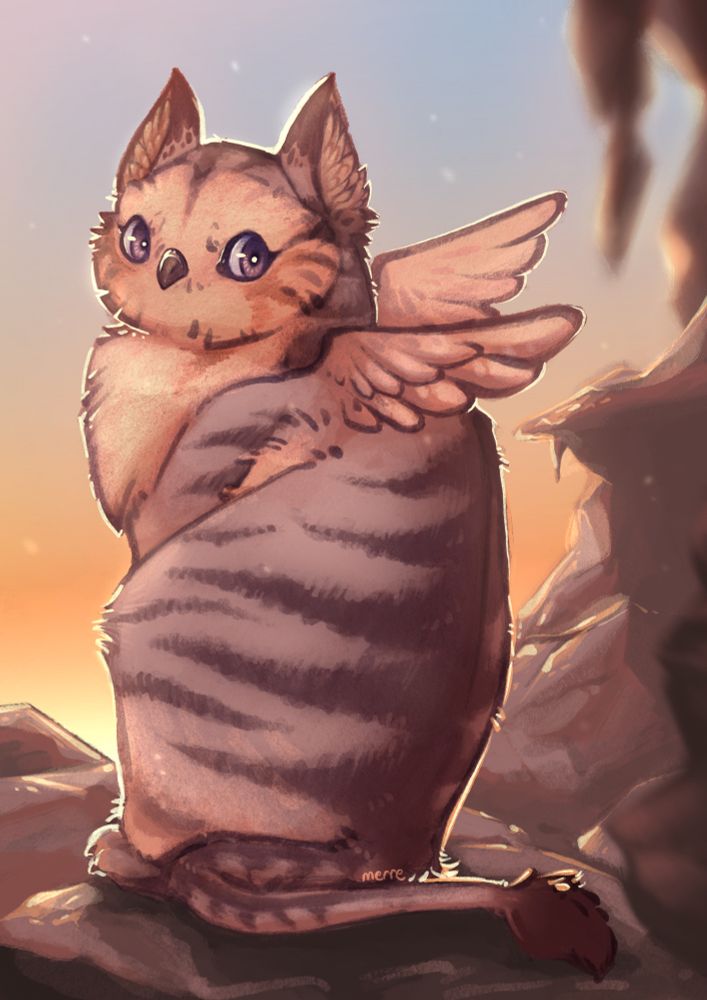 Drawing of a juvenile owl gryphon with kitty ears, tail and small fluffy wings. All around her are tiny dust particles and she is sitting at a cave entrance that is lit by sunset.