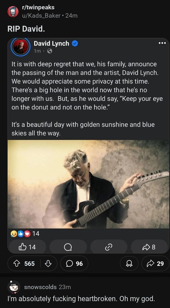News of David Lynch's passing