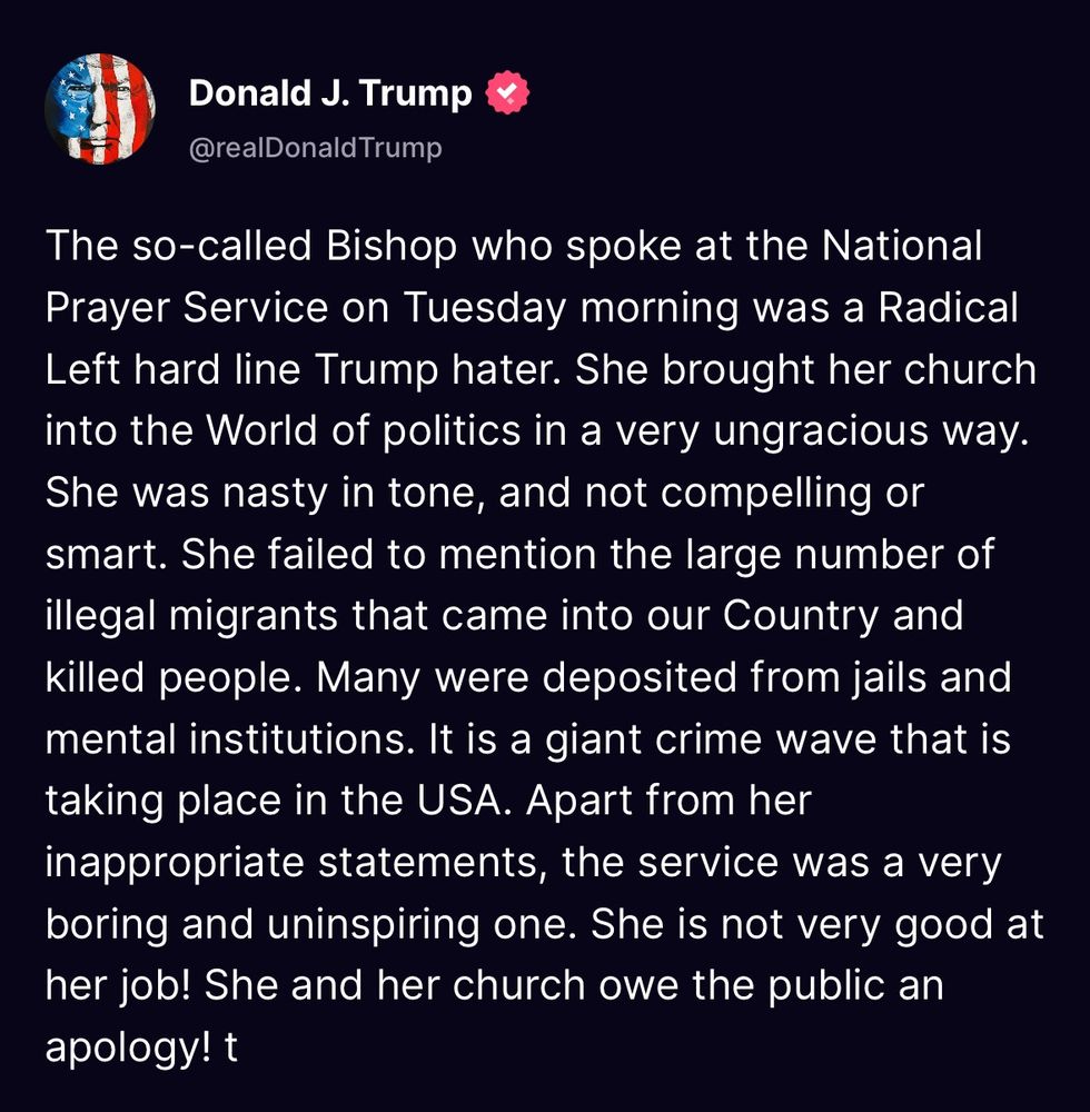 Trump denigrates a bishop because she asked him to be compassionate. 