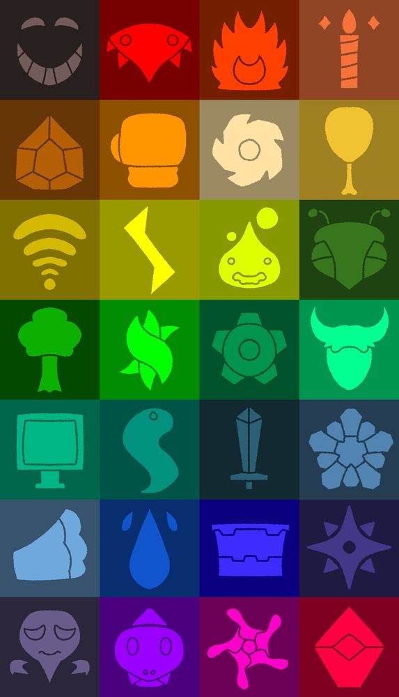 Row 1: Umbra, Scab, Flame, Party
Row 2: Earth, Aura, Plain, Gourmet
Row 3: Sound, Zap, Gooey, Bug
Row 4: Plant, Lime, Metal, Ether
Row 5: Data, Occult, Forge, Freeze
Row 6: Aero, Water, Polymer, Astro
Row 7: Spectre, Toxic, Chroma, Crystal