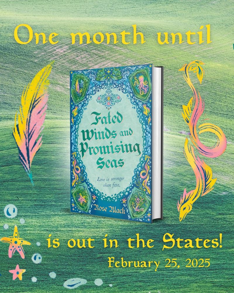 Image of the cover of Fated winds and promising seas with a feather and a sea monster. Text reads out in the states february 25, 2025