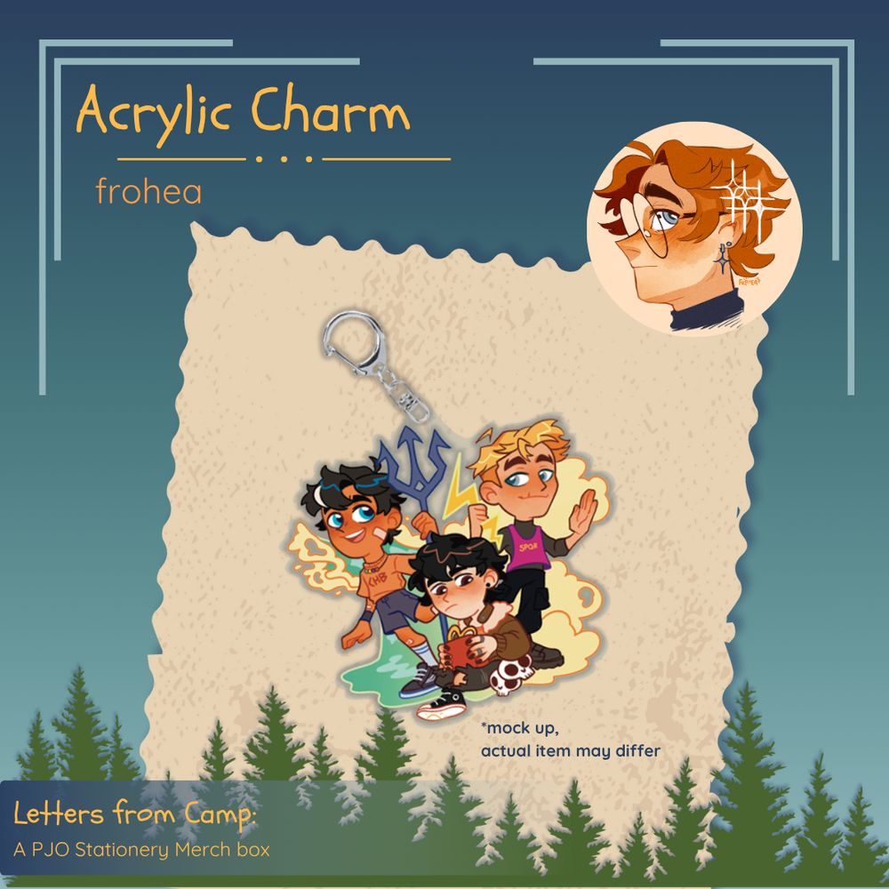 Parchment-style paper over a blue gradient background with green tree silhouettes lining the bottom. In the center is a mock up acrylic charm featuring Percy Jackson, Jason Grace and Nico di Angelo