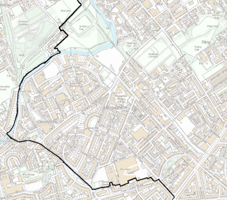 Map showing Broughton streets eligible for Leith Chooses project funding.