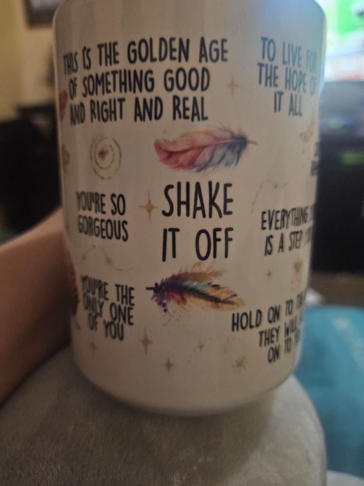 A white coffee cup with pastel colored feathers and stars with Taylor Swift lyrics like "shake it off" and "you're so gorgeous"
