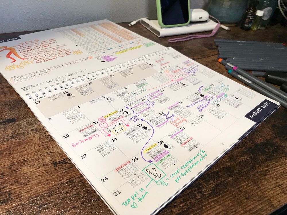 A Honeycomb Almanac wall calendar marked up with highlighter & colored pens with notes on August transits