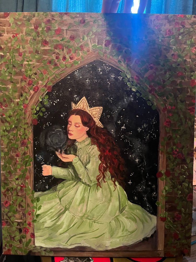 Half finished painting of woman sitting in archway. Archway is covered in vines.