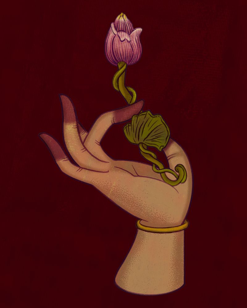 Drawing Of A Woman’s Hand Stained With Henna And Holding A Lotus Flower.