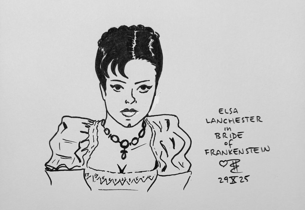 Black and white sketch of Elsa Lanchester in Bride of Frankenstein