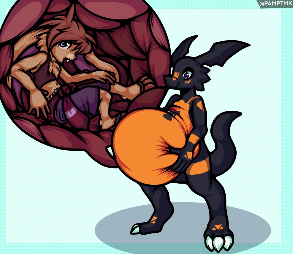 Guilmon Data having eaten his bunny friend Xeph and holding up his belly with the bun inside 