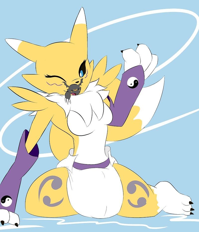 A playful diapered renamon letting micro guilmon Data poke out from between her lips