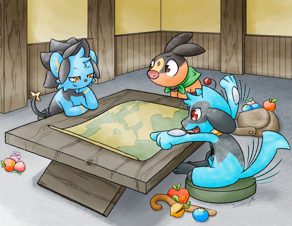 Energy Luxray's Pokesona, and their OC's, Burst (the Tepig) and Lumen (the Riolu), sitting around a table with a map on it. Energy Luxray is looking confident and slightly mischievous, Burst is looking suspicious of Energy Luxray and Lumen is excitedly pointing at a location on the map. They are surrounded by various items characteristic of Pokemon Mystery Dungeon.