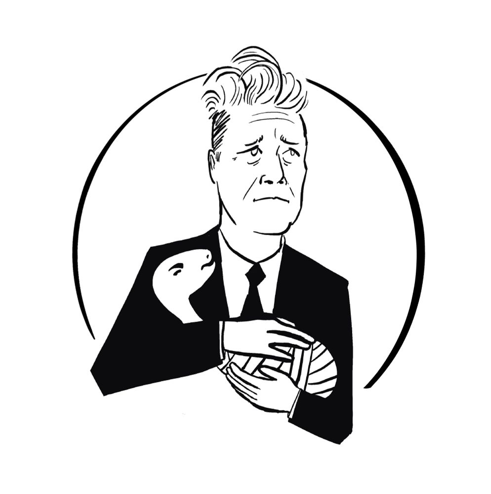 Line drawing portrait of David Lynch looking wistfully to the sky. In his arms is the Eraserhead baby with a petulant expression.