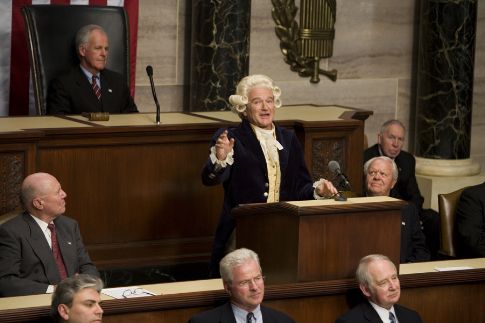 Robin Williams speaking to Congress in a powdered wig in "Man of the Year"