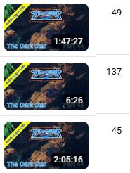 Three thumbnails of my Spelljammer game VODS on YouTube with video durations labeled, from bottom to top 2:05:16, 6:26, and 1:47:27. The middle and top videos were the second half after a short break, and the video split was caused by my computer crashing. To the right of the thumbnails are the viewcounts, top to bottom, of 45, 137, and 49.