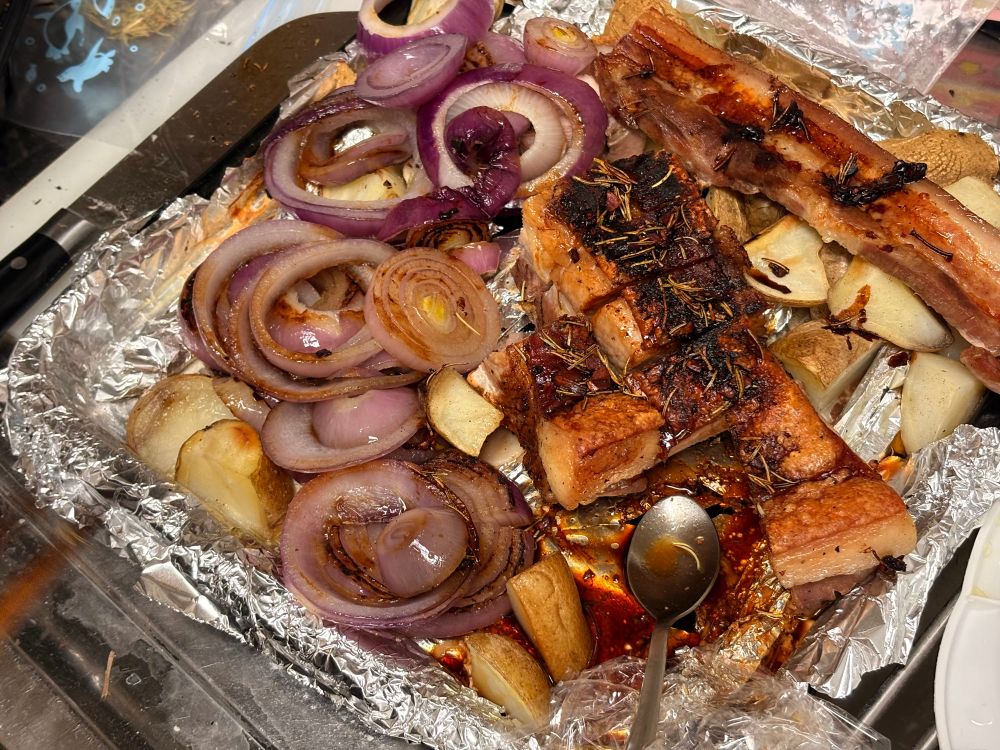 なんかのブロック肉(皮付き)をオーブン焼きしてもらったものを写した写真です。
肉にはハーブとソースがかかっており、横には焼いた紫玉ねぎと玉ねぎが添えてあります。