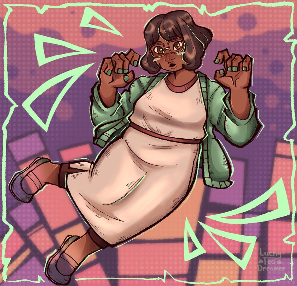 Digital drawing of RG Shiki Misaki from the Twewy series

She appears to be floating in air, holding her hands up and making an ooo face. her shoes appear slightly transparent.

the background is a purple n pink color with simple building like objects across the image. there is a light green border for the drawing