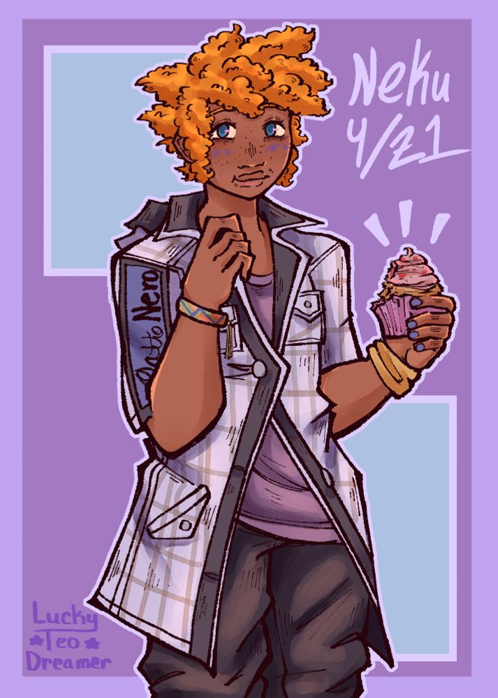 Digital half body Drawing of Neku Sakuraba from Twewy/Neotwewy holding a cupcake that he has taken a bite out of.