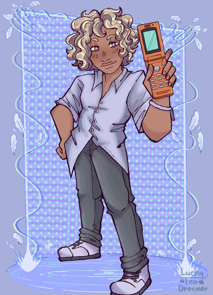 Digital drawing of Joshua Kiryu from The World Ends With You.

He stands with one hand on his hip and the other holds his orange flip-pone facing away from him showing the blank screen. He also wears a friendship bracelet that is pink, white, purple, and blue. He has a smug smile on his face.

The background is simple pale blue. behind Joshua is a poka dot rectangle that leans to the left a the highest corner. the border for that is white with a blue outlined and feathers flow around them as a swirl of blue and green wrap around them. he stands in what looks like a puddle of water.