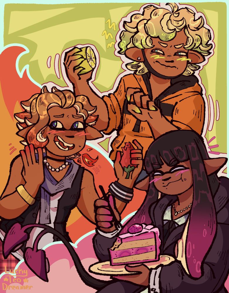 Digital Illustration of Rindo, Fret, and Shoka from NTWEWY as if they were in splatoon!

Rindo is positioned at the top right holding a lemon looking away from it with a grimace on his face. Fret is in the middle postioned to the left, he holds a spicy pepper and he fans himself with a awkward smile. Shoka is at the bottom positioned to thr right, she holds a strawberry cake on a plate in one hand while in the other she holds a fork. She has a smile on her face and it looks as if she took a bite with a few crumbs on her face.

The background is separated for each character, Rindo has a yellow green jagged background, fret a fire kind of border, and shoka's a round and fluffy pink.