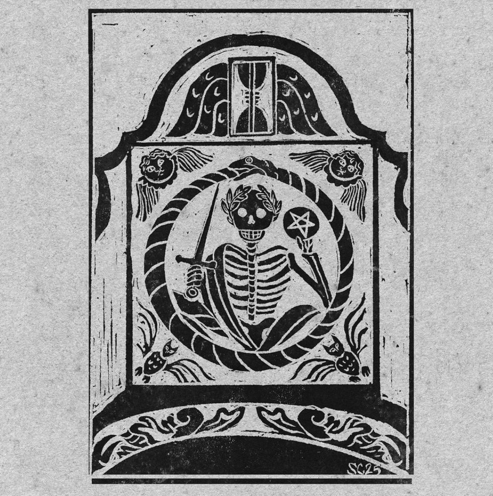 A skeleton holding a sword and a pentacle, in an ouroboros, with bats and cherubs around it, and a winged hour glass above it, in woodcut style