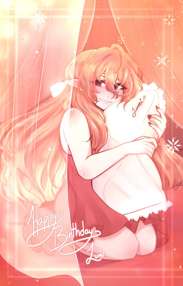 A Digital Commission : A soft elven vampire OC softly holding a pillow in bed around a bunch of translucent curtains.